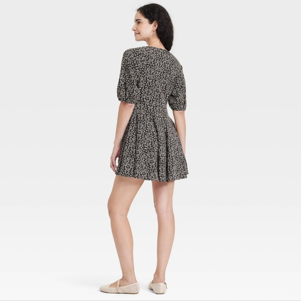 NWT Bell Elbow Sleeve Mini A-Line Dress - Black Floral - Picture 7 of 7